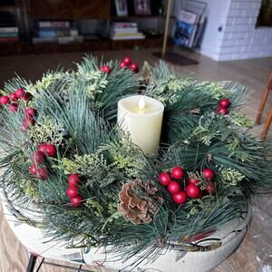 Luminara 4.5" Pillar Flameless Candle + Christmas 18" Wreath Red Berries Pines